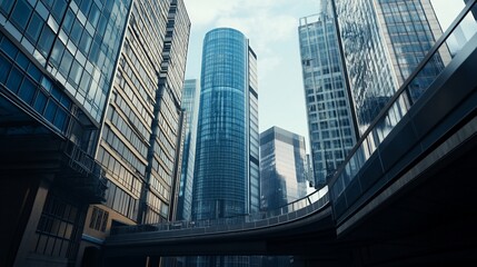Fototapeta premium Cityscape, low angle, modern skyscrapers, Hong Kong, pedestrian bridge, financial district, business, urban