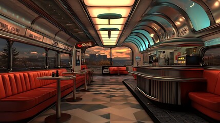 A retro diner interior with red seating and a vibrant atmosphere.