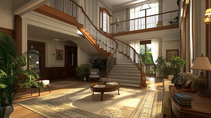 Grand mansion entryway, sunlit staircase, elegant interior design, home decor, real estate