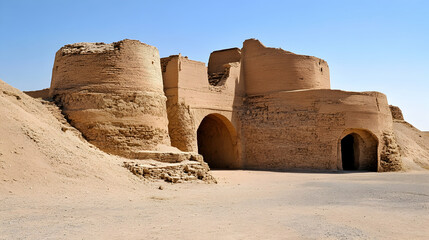 Ancient desert fort ruins under clear sky; historical architecture, travel destination