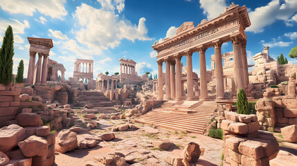 Ancient Roman ruins under a sunny sky, showcasing architectural details and historical significance; ideal for historical documentaries or travel guides
