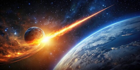 Obraz premium Ancient cosmic threat returns: fiery asteroid impact triggers global disaster, devastation reigns.