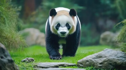 Obraz premium Majestic Giant Panda Approaching on Lush Green Grass
