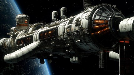 A futuristic spacecraft orbiting Earth in a detailed space scene.