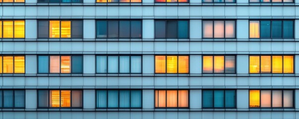 Obraz premium A facade of a modern building featuring rows of lit windows in various colors, creating a vibrant and dynamic urban atmosphere.