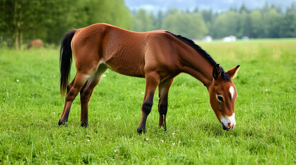 Fototapeta premium Chestnut foal grazing in lush green pasture, mountains in background; ideal for equine, agriculture, nature websites