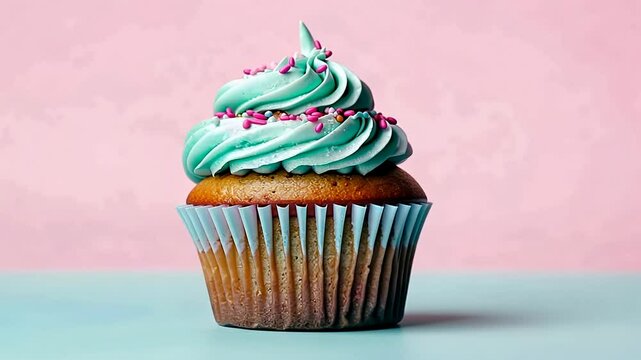 A delicious cupcake with vibrant blue frosting, topped with sprinkles