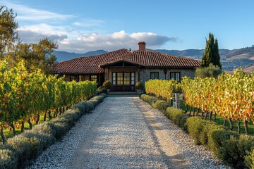 Fototapeta premium Rustic vineyard estate with a gravel path leading to a welcoming winery, surrounded by grapevines and the rolling hills of the countryside.