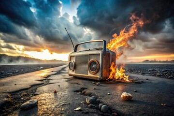 Apocalyptic radio silence follows a final, frantic broadcast;  a burning wasteland remains.