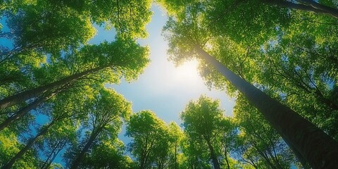 Obraz premium Bottom-up view green forest canopy. Climate change. Natural green biodiversity ecosystem background