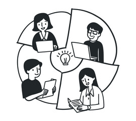 black and white One line art group business team meeting and working collaboration in office workplace concept. flat vector illustration set cartoon character design concept.