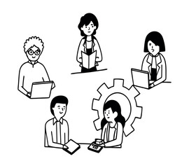 black and white One line art group business team meeting and working collaboration in office workplace concept. flat vector illustration set cartoon character design concept.