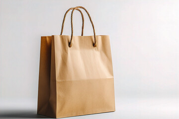 A sleek, eco-friendly kraft paper shopping bag on a white background. (Generative AI)