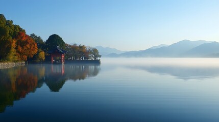 Fototapeta premium Serene Autumn Pavilion Reflecting in Calm Lake Waters