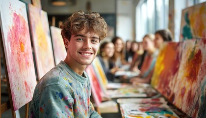 Creative Art Student Painting Colorful Canvases in Bright Studio