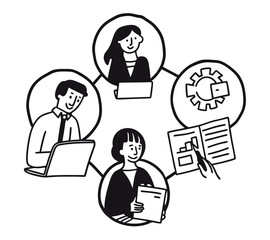 black and white One line art group business team meeting and working collaboration in office workplace concept. flat vector illustration set cartoon character design concept.