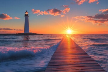 Seaside boardwalk with gentle waves lapping at the shore, leading to a cozy lighthouse standing tall at the edge of the water, with the sun setting in the background.