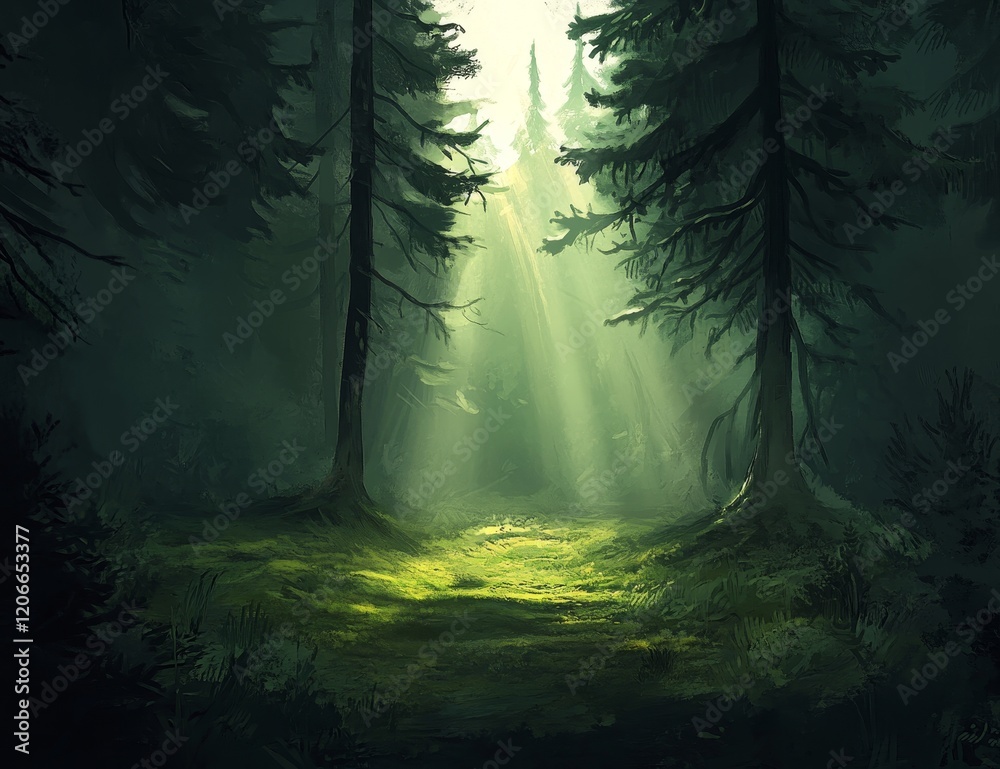Canvas Prints sunbeams illuminate a forest path.