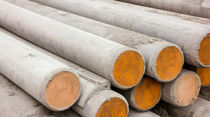 Concrete piles stacked outdoors, construction site background, industrial material storage