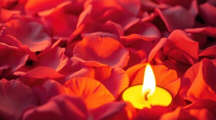 candlelight illuminates a pile of delicate pink rose petals, creating iridescent reflections and a warm glow, with flickering flames adding a dynamic element