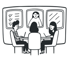 black and white One line art group business team meeting and working collaboration in office workplace concept. flat vector illustration set cartoon character design concept.