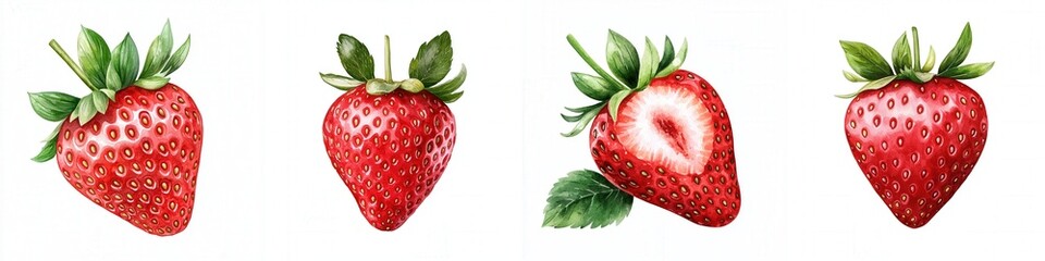 Watercolor Creations of Boho Fruit with Organic Charm concept. Strawberries in various angles showcasing their vibrant color.