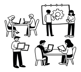 black and white One line art group business team meeting and working collaboration in office workplace concept. flat vector illustration set cartoon character design concept.