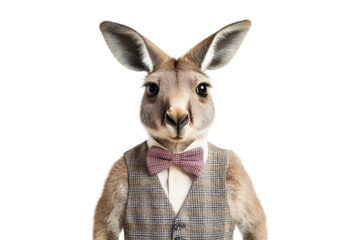 Kangaroo wearing formal vest and bow tie isolated on white or transparent PNG