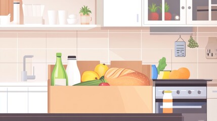 A kitchen scene with a box of groceries, including fruits, vegetables, and drinks.