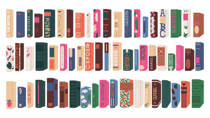 Set of spines of different books. Elements for compiling a library. Fiction, Scientific research, textbooks and encyclopedias. Vector illustration isolated on a transparent background.