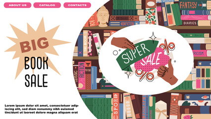 Advertising banner for a big sale in a bookstore, fair or online application. Book selling business. Promotion and popularization of reading. Literature for leisure and education. Vector illustration.