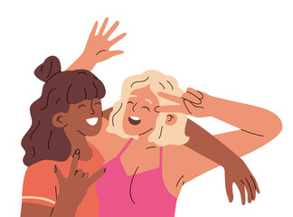 Two girls posing for a photo. Instant photo from a photo machine. Joyful and strong friendship. Happy youth. Fun at a party. Vector illustration.