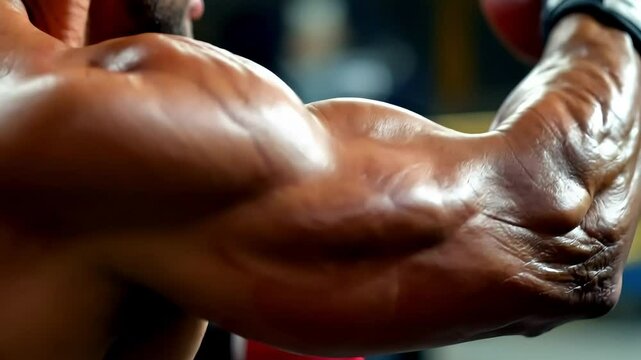 Highly defined muscular arm and shoulder of a male athlete, showcasing the details of muscle structure and definition through sweat and flex