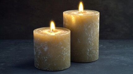 Two Glowing Candles on a Dark Surface Creating a Calm and Serene Atmosphere for Relaxation, Meditation, or Cozy Ambiance in a Home Setting