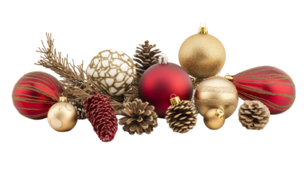 Red and gold Christmas baubles with festive accessories isolated on transparent background 
