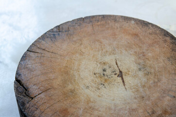 Close-up photo of a rustic wooden cutting board with natural cracks and texture. Perfect for use in the kitchen or in a cooking theme