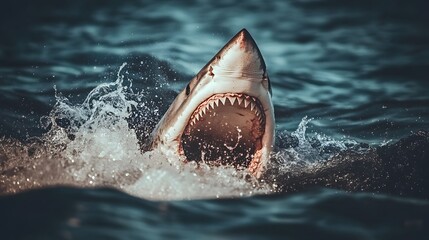 Fototapeta premium Great White Shark Breaching Ocean Surface Jaws Open