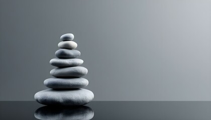 Fototapeta premium zen, stones, asymmetrical, stack, modern, matte, glossy, textures, polished, black, surface, reflections, subtle, gradient, gray, background, 8K, resolution, balance, harmony, calm, minimalist,