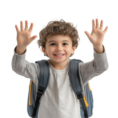 Ultra HD PNG image of smiling Cute small child having bagpack waving hands to camera on an isolated transparent background