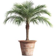 Obraz premium Palm Tree in Terracotta Pot: A lush, vibrant palm tree stands tall in a rustic terracotta pot, exuding tropical elegance and serenity.&nbsp;