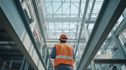 A focused shot of an architect inspecting the structural integrity of a steel-framed building under construction, Structural inspection scene, Technical and meticulous style
