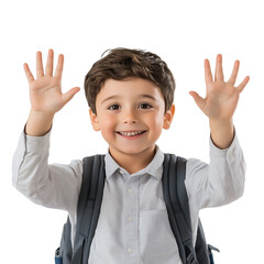 Ultra HD PNG image of smiling Cute small child having bagpack waving hands to camera on an isolated transparent background