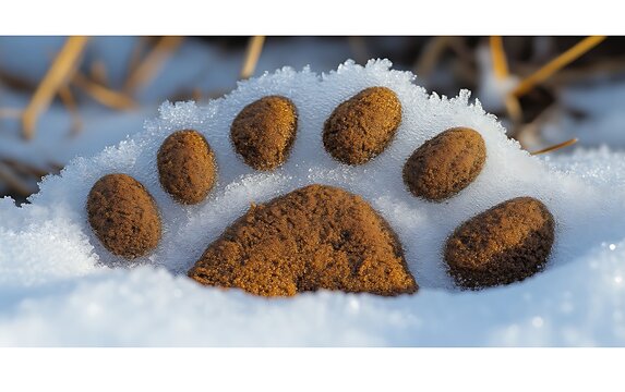 Close-up of a large animal paw print in snow.