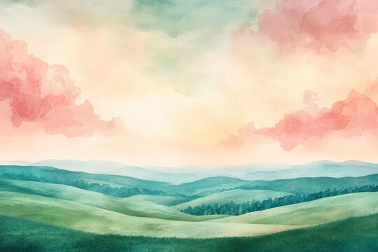 Soft, rolling hills under a pastel sky with fluffy clouds, the landscape gently rendered in delicate watercolor tones.