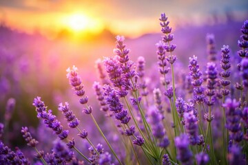 Fototapeta premium Blooming lavender, close-up drone view, soft watercolor effect, purple flowers, plenty of space for text.