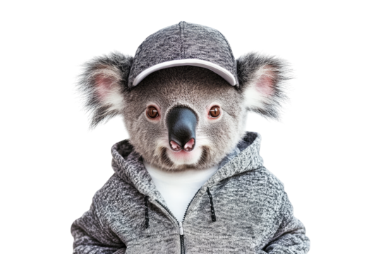 Koala wearing blue cap and gray hoodie isolated on white or transparent PNG