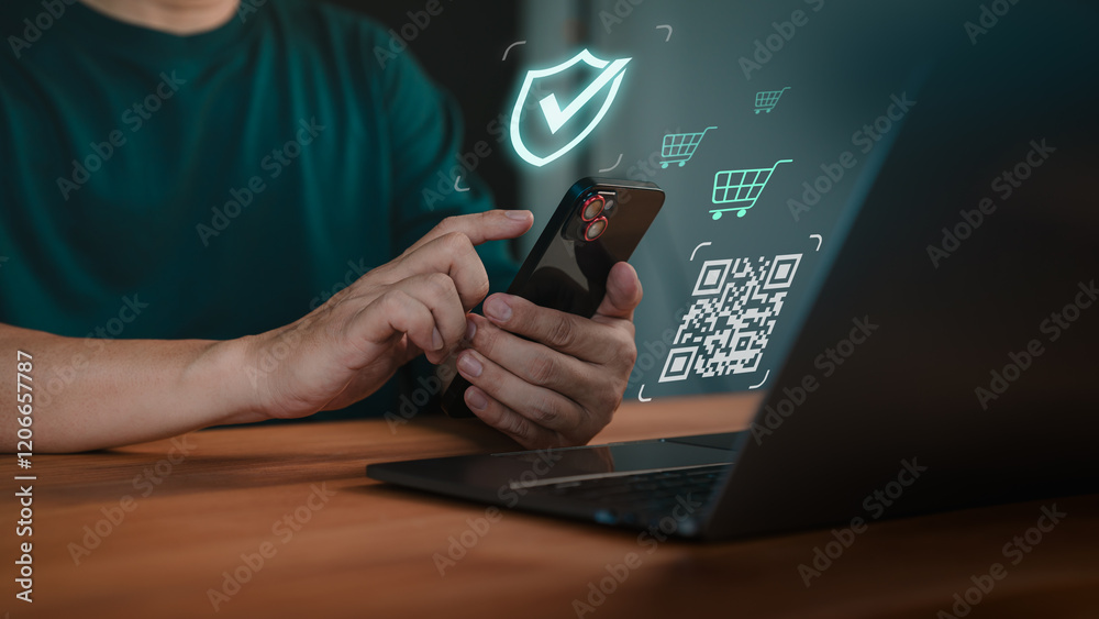 Leinwandbilder Customers pay via mobile phone and scan QR code to shopping online. The concept of using smartphone to scan QR code to digital banking. The use of technology in daily life of modern people.