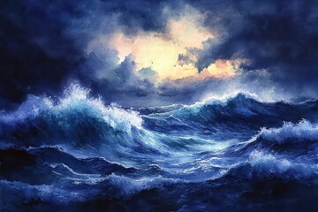 Stormy sea with crashing waves and dark skies painted in dramatic watercolor tones.