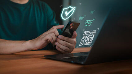 Customers pay via mobile phone and scan QR code to shopping online. The concept of using smartphone to scan QR code to digital banking. The use of technology in daily life of modern people.