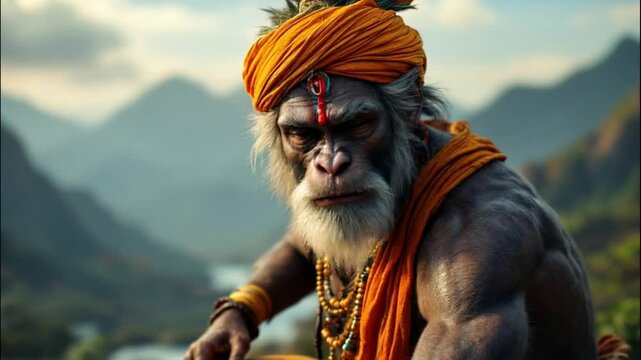 lord Hanuman on top a mountain footage